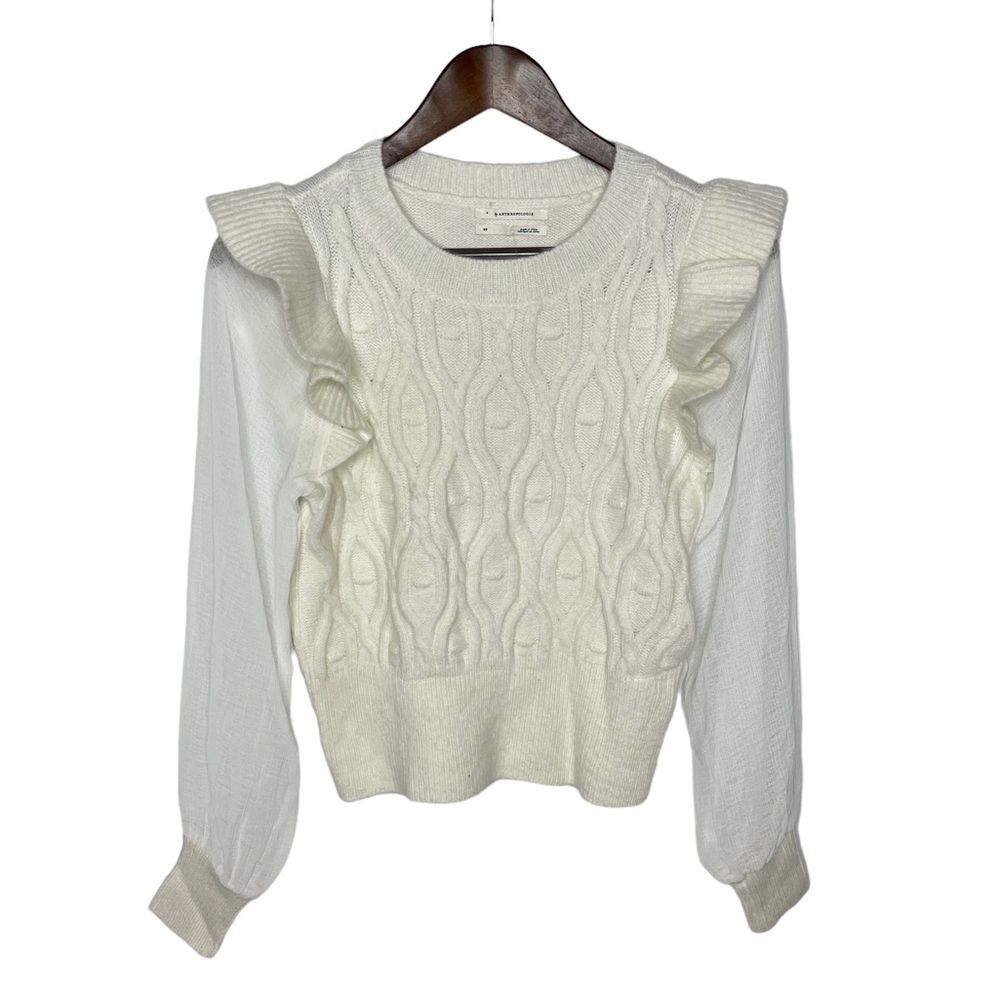 NWT Anthropologie White Ruffled Knit Puff Sleeve Sweater xs - Picture 4 of 14